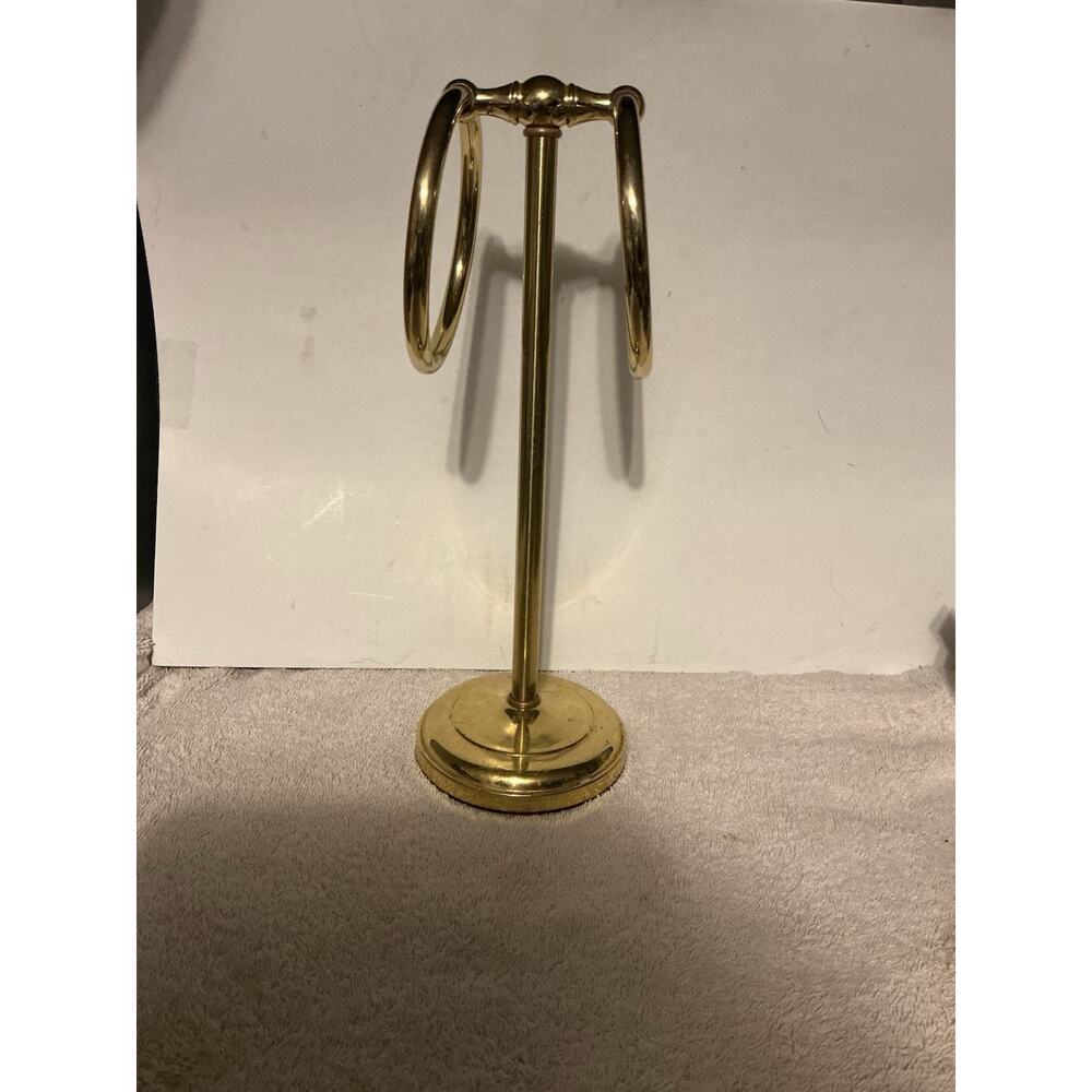Vintage Brass Hand Towel Holder Stand Double Ring Bathroom Countertop MCM Gold - Picture 8 of 9